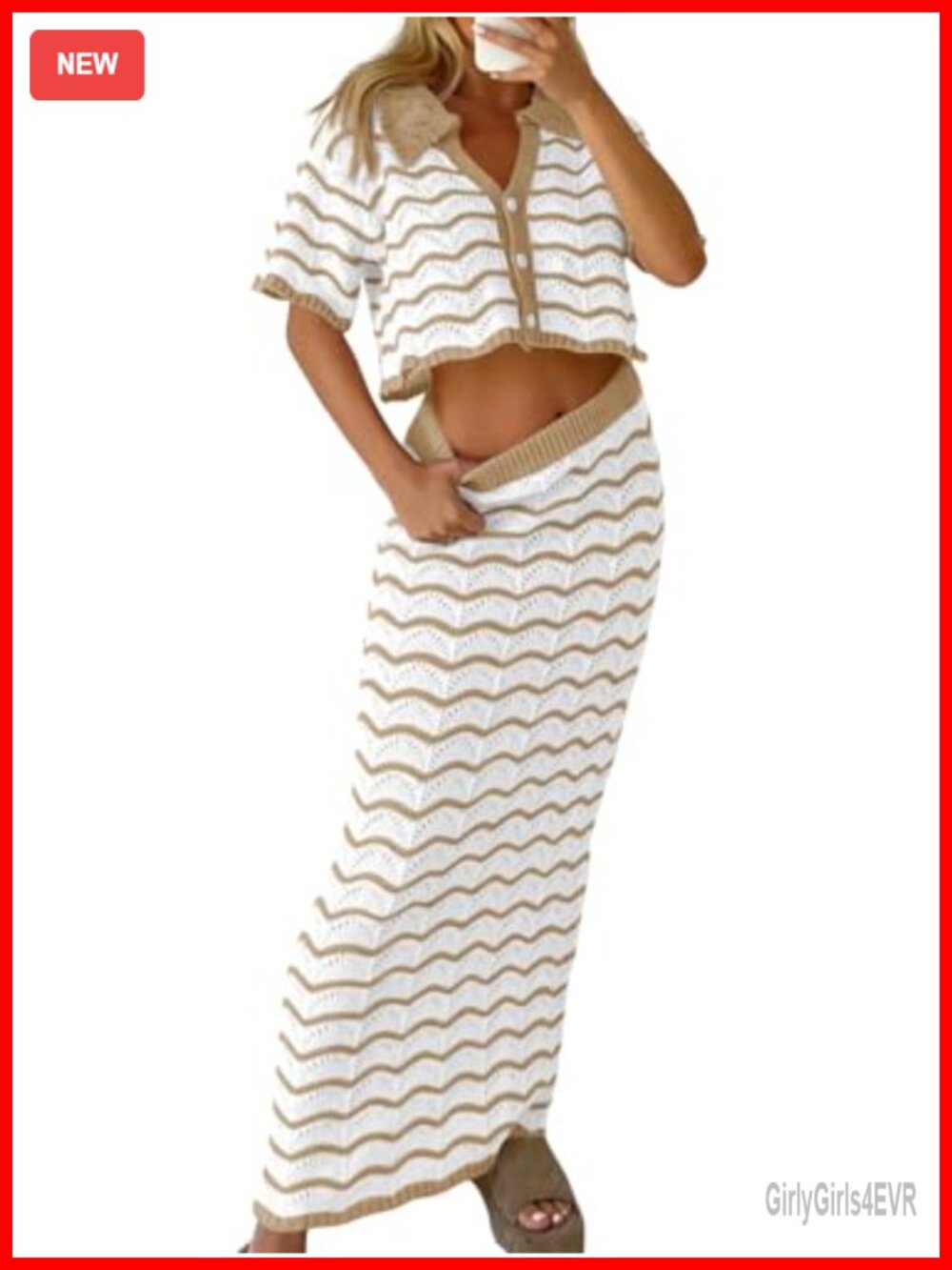 Striped Crochet 2 Piece Cover Up Set Button Crop Top Maxi Skirt Beachwear